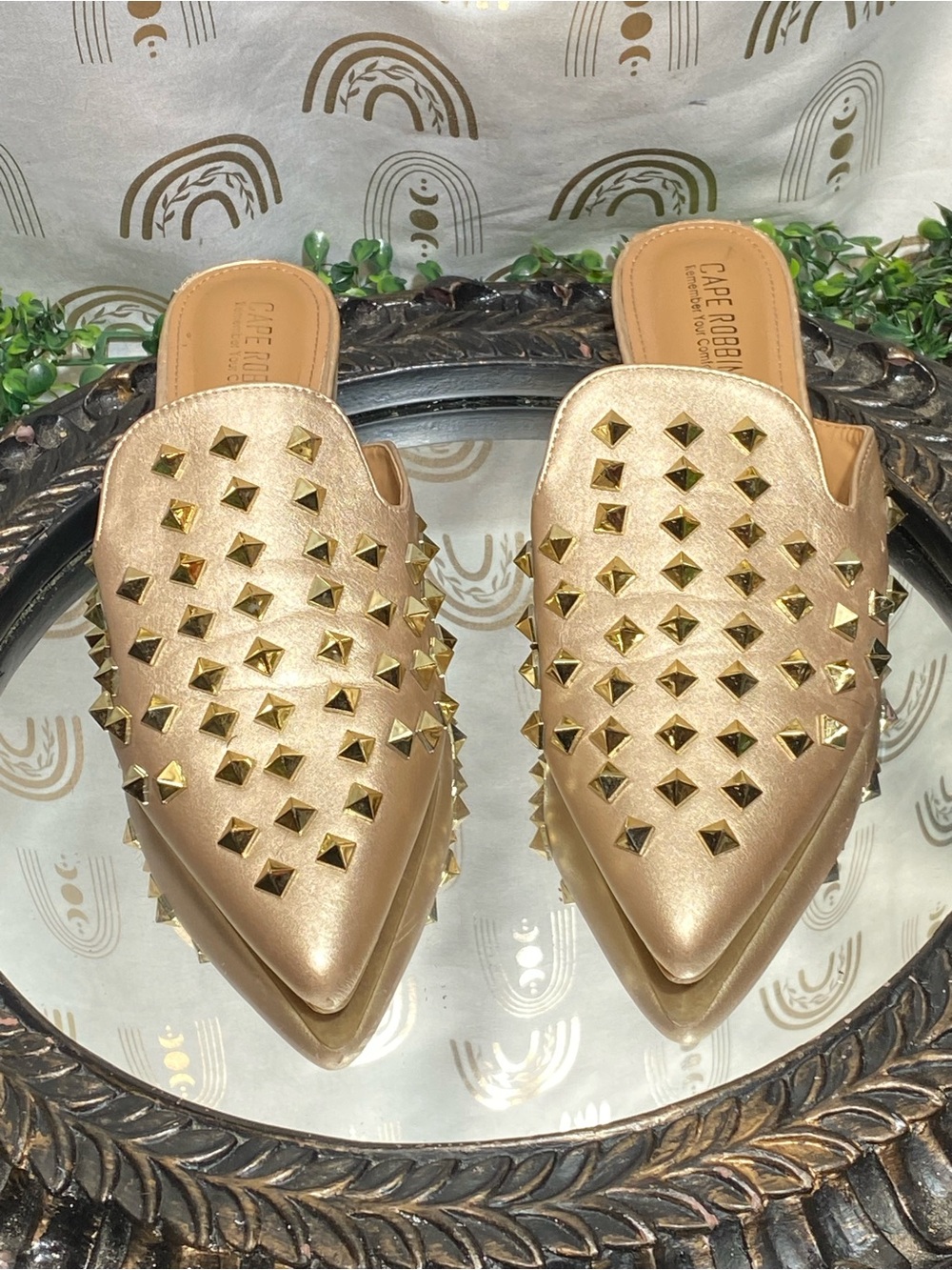 Cape Robbin Metallic Gold Studded Pointed Mules
